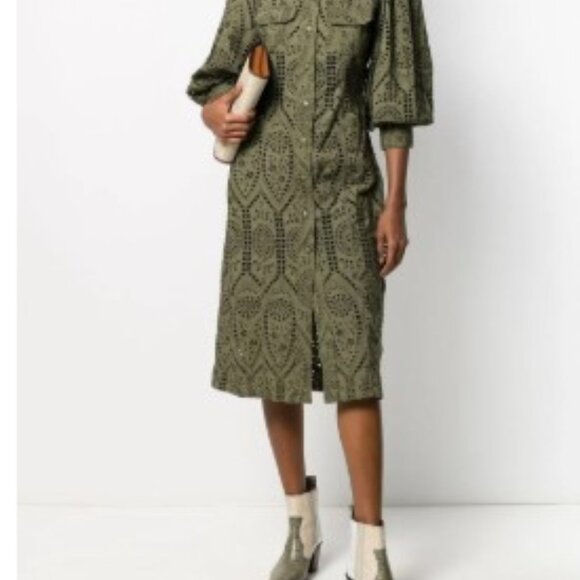 Ganni Green/khaki Broderie Anglaise Shirt Dress - Picture 1 of 4